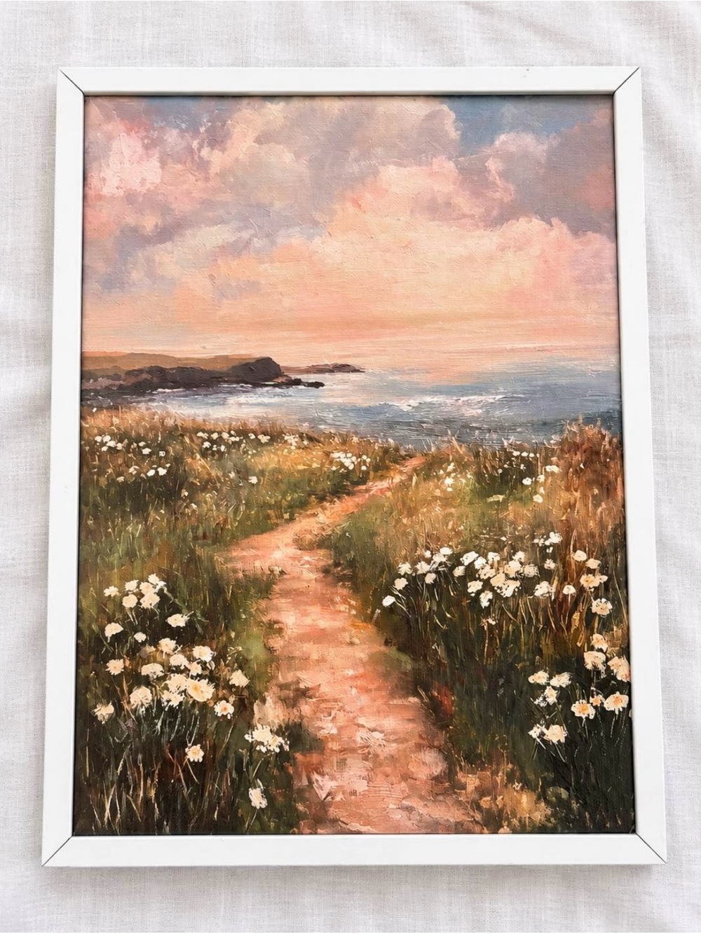 Romantic Coastal Landscape Framed Wall Art – Wildflower Seaside Cottagecore